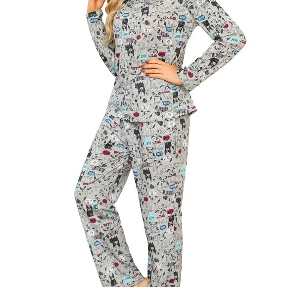 Cotton Blend Pajama Set Long Sleeve Lounge Wear with Pockets Oversized Fit